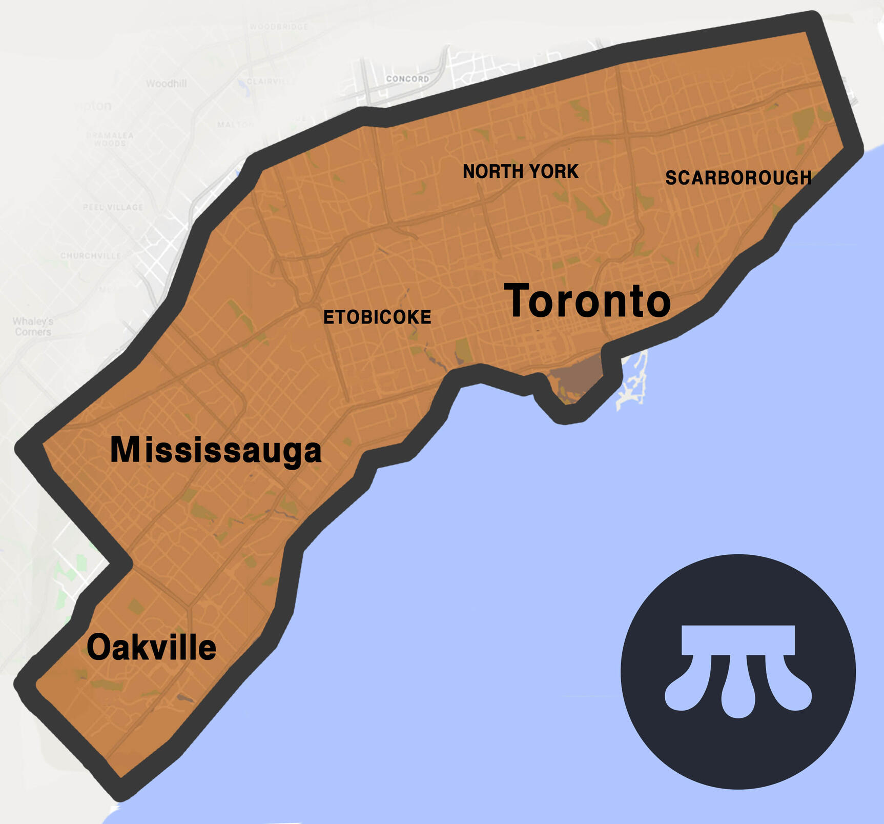 Middle C. Pianos Toronto Service Area Map